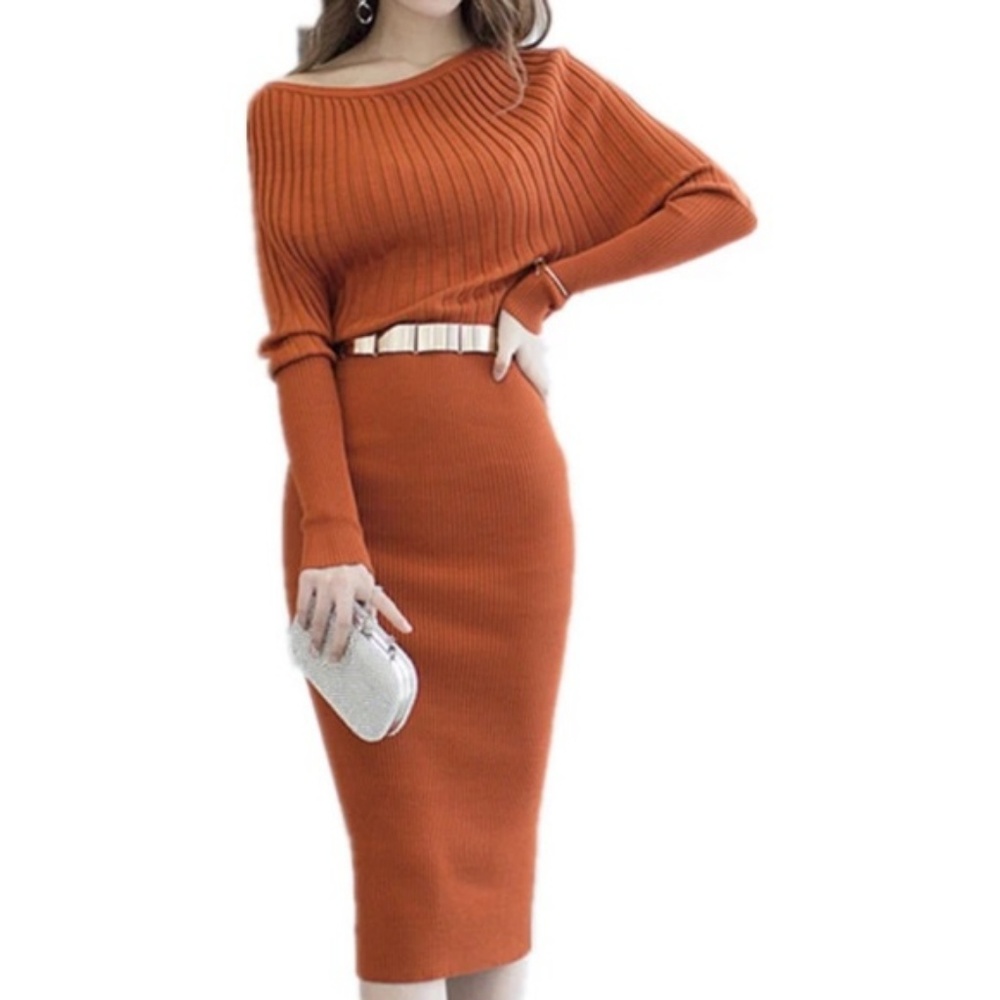 Restocked! Orange Ribbed Belted Knit Sweater Dress - Picture 3 of 8
